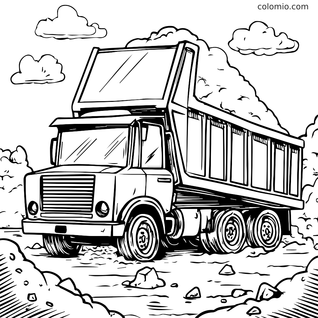 Eine schwarz-weiße Umrisszeichnung eines Kippers auf einer Baustelle, perfekt zum Ausmalen.