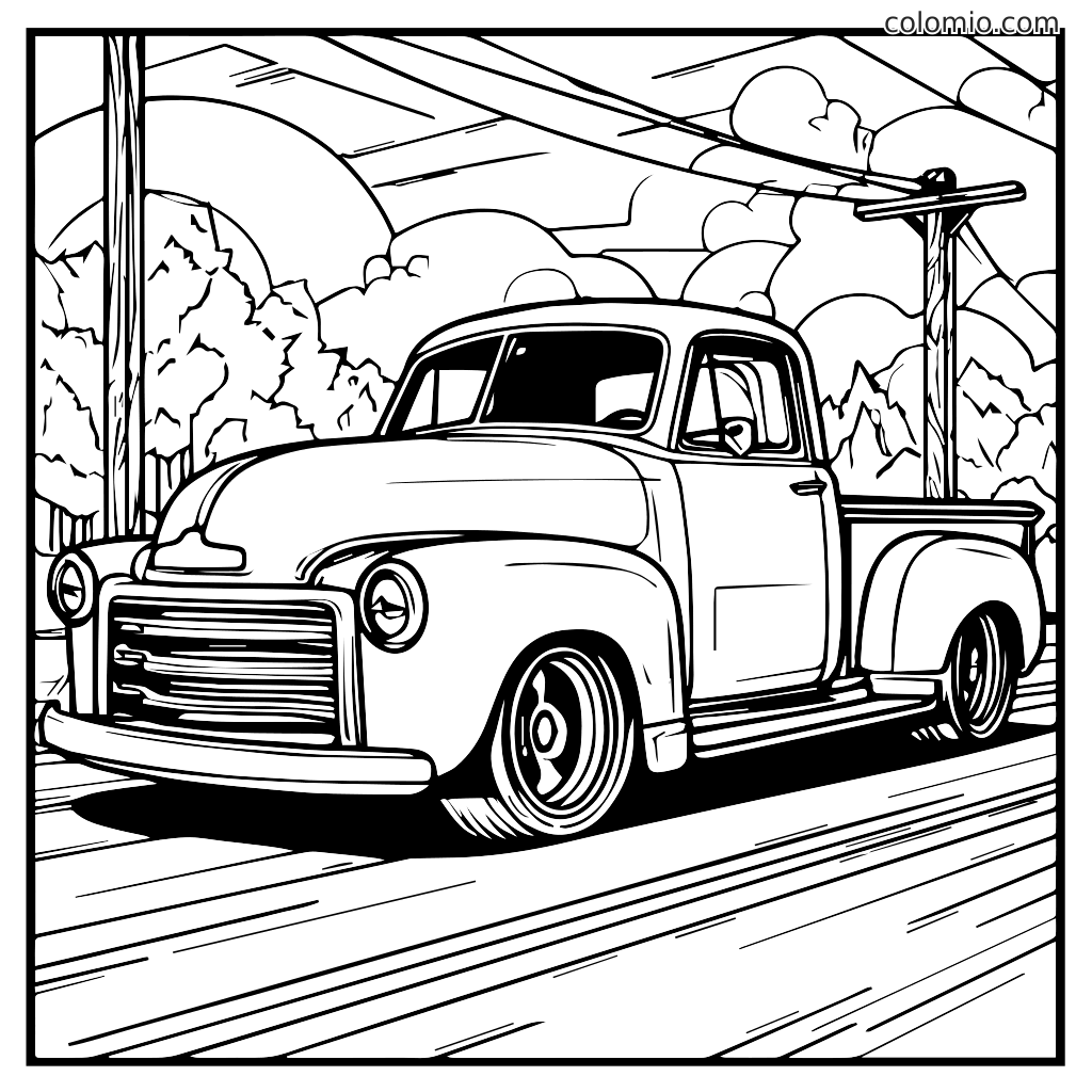 Eine schwarz-weiße Zeichnung eines klassischen Pickup-Trucks, der auf einer Straße mit Bäumen und Stromleitungen im Hintergrund parkt.