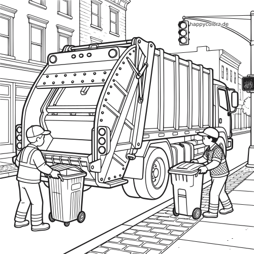 Ein Müllwagen steht in einer Stadtstraße, während zwei Müllarbeiter Mülltonnen zum Hecklader schieben.