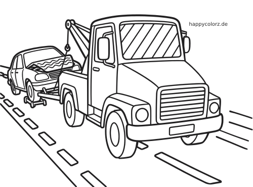 Eine Nahaufnahme zeigt einen Abschleppwagen, der auf einer Straße ein beschädigtes Auto hinter sich herzieht.