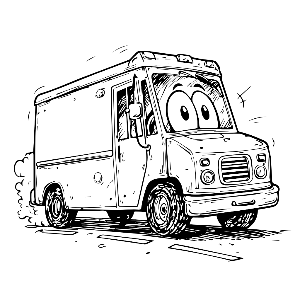 Ein Cartoon-Lieferwagen mit großen Augen, der auf einer Straße fährt, perfekt zum Ausmalen.
