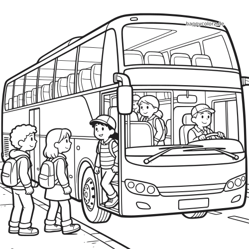 Ein großer Reisebus im Comic-Linienstil, während mehrere Kinder mit Rucksäcken vorne in den Bus einsteigen.