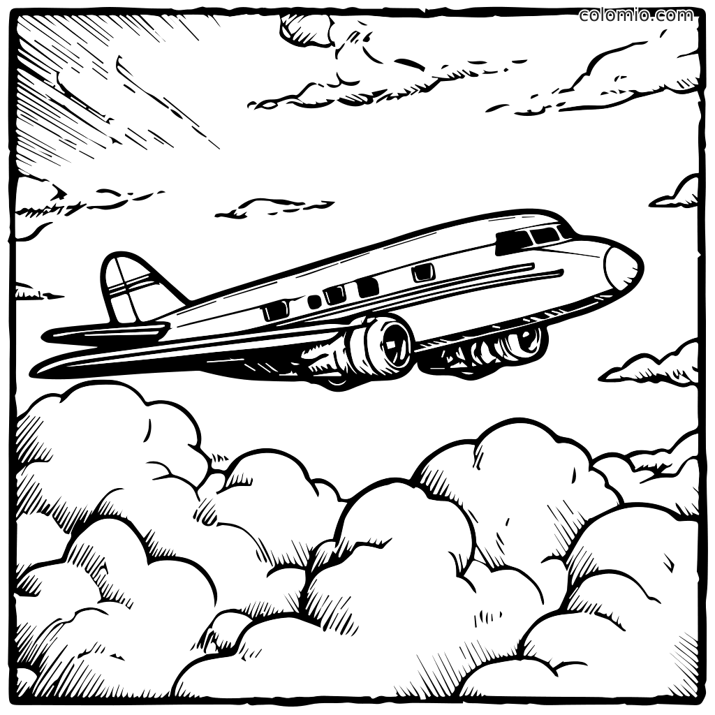 Malvorlage Flugzeug, das durch Wolken fliegt Eine Malvorlage mit einem Flugzeug, das über flauschige Wolken in einem klaren Himmel fliegt.