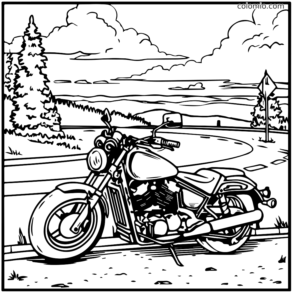 Eine detaillierte Malvorlage mit einem Motorrad, das an einer malerischen Straße mit Bäumen und Bergen im Hintergrund parkt.