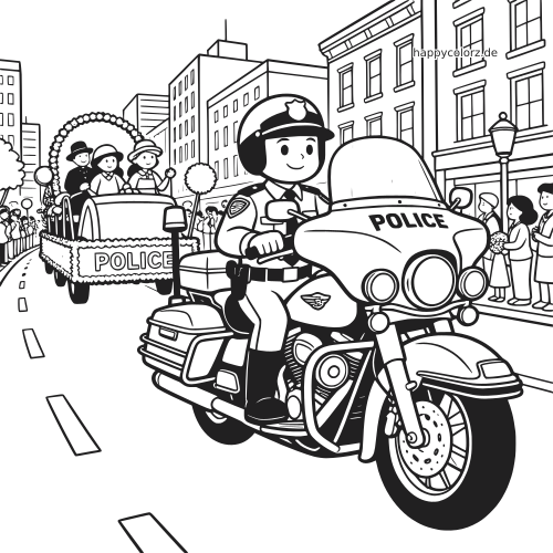 Ein Polizist fährt auf einem Polizeimotorrad vor einem Stadtumzug, dahinter ein Festwagen und Menschen am Straßenrand.