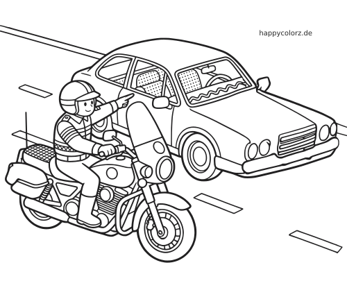 Schwarz-weißes Ausmalbild mit einem Polizisten auf einem Polizeimotorrad, der auf der Straße ein Auto anhält.