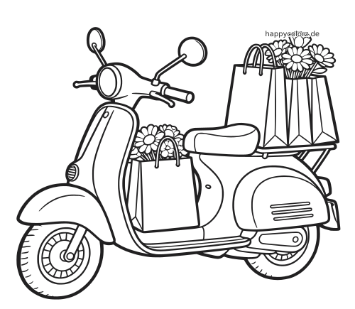 Schwarz-weißer Retro-Roller mit Einkaufstüten voller Blumen in einer klaren, einfachen Linienzeichnung.