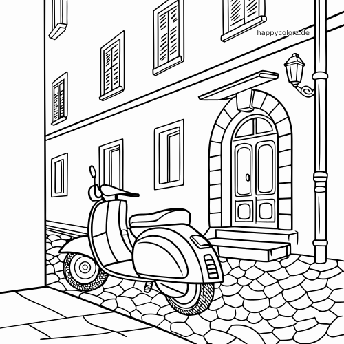 Ein Vintage-Roller steht auf einer Kopfsteinpflasterstraße vor einer Haustür, mit Fenstern und einer Straßenlaterne im Hintergrund.