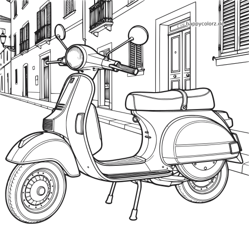 Nahaufnahme eines Vintage-Rollers, der in einer italienischen Straße vor Häusern mit Fensterläden und Balkonen steht.
