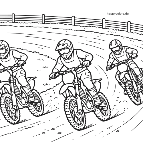Drei Motocross-Fahrer fahren dicht hintereinander auf einer kurvigen Dirtbike-Strecke in einer detailreichen Schwarz-Weiß-Zeichnung.