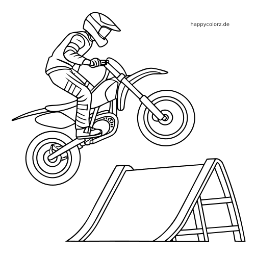 Schwarz-weiße Linienzeichnung eines Motocross-Fahrers auf einem Dirtbike beim hohen Sprung über eine Rampe.