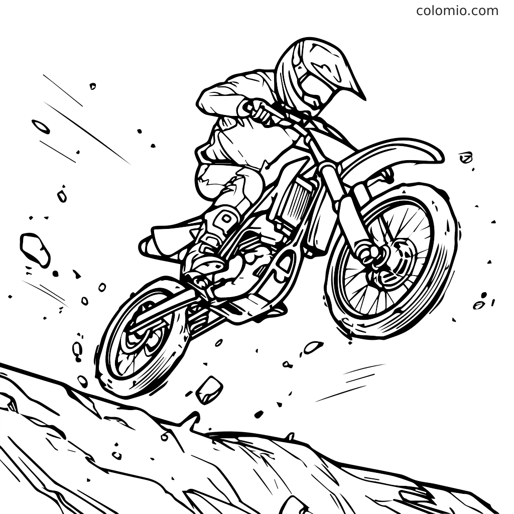 Spannende Ausmalseite eines Motocrossfahrers beim Sprung Ein Motocrossfahrer springt über ein felsiges Gelände auf einem Dirtbike, bereit zum Ausmalen.