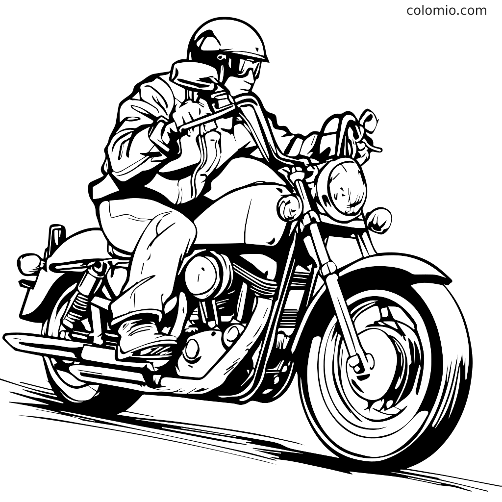 Eine schwarz-weiße Umrisszeichnung eines Motorrads mit einem Fahrer, der einen Helm trägt, bereit zum Ausmalen.