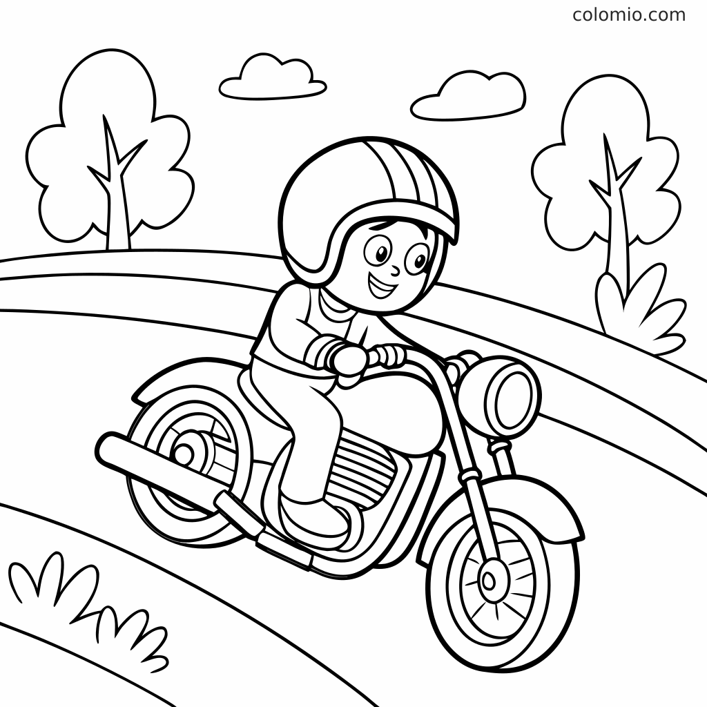 Ein Kind mit Helm fährt auf einer kurvigen Straße Motorrad, mit Bäumen, Büschen und Wolken im Hintergrund.