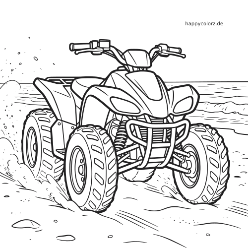 Ein Quad fährt schnell über einen sandigen Strand, im Hintergrund sind Meer und kleine Wellen zu sehen.
