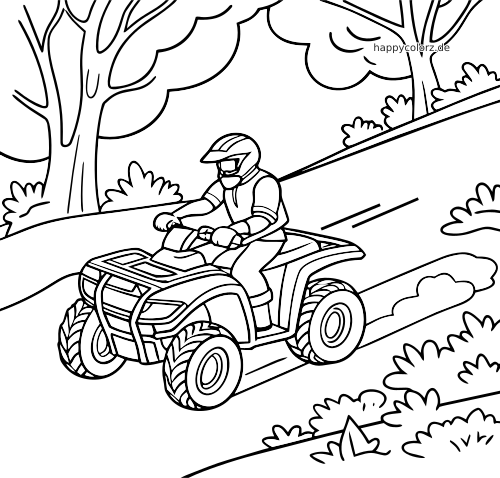 Ein Fahrer mit Helm fährt auf einem Quad einen Waldweg entlang, dargestellt als einfaches schwarz-weißes Linienbild.