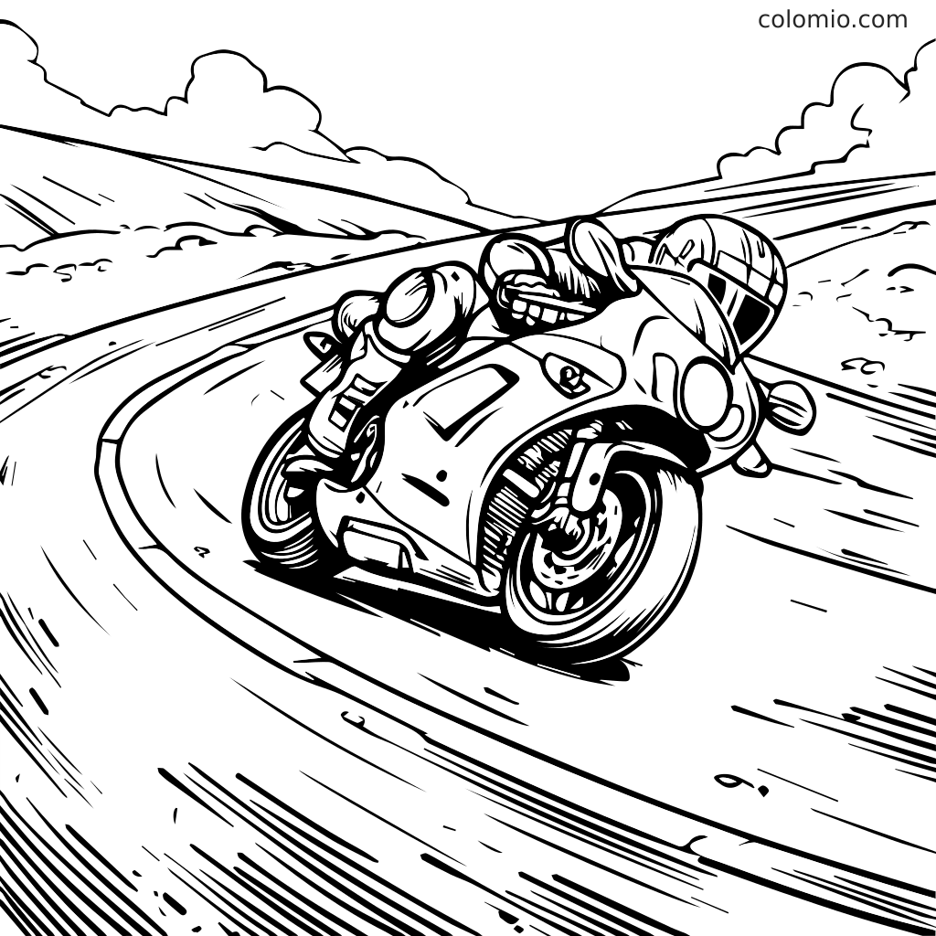Eine detaillierte Malvorlage mit einem Motorrad, das in eine Kurve auf einer malerischen Straße lean.