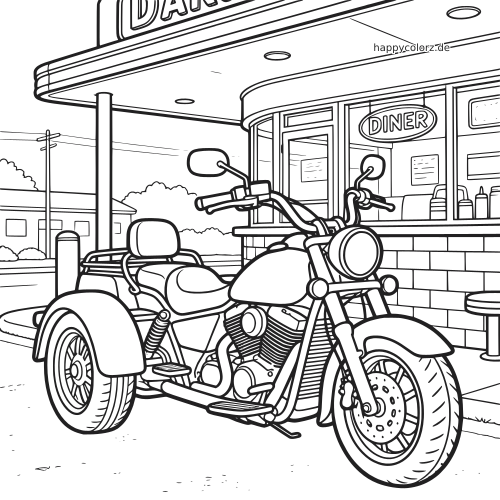 Ein dreirädriges Trike-Motorrad steht vor einem Roadside-Diner in einer klaren schwarz-weißen Linienzeichnung.