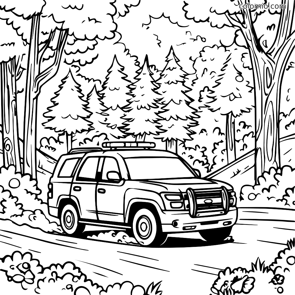 Ein schwarz-weißes Ausmalbild mit einem SUV Polizeifahrzeug, das durch einen Wald mit Bäumen und Büschen fährt.