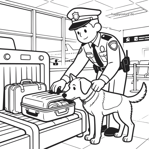 Ein Polizist mit Polizeihund untersucht am Flughafen einen geöffneten Koffer auf dem Gepäckband, im Hintergrund steht ein Flugzeug.