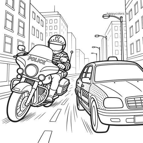 Ein Polizist fährt auf einem Polizeimotorrad durch eine Stadtstraße und verfolgt ein Auto in einer Schwarz-Weiß-Zeichnung.