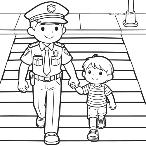 Ein lächelnder Polizist hält die Hand eines Kindes und geht mit ihm über einen Zebrastreifen.