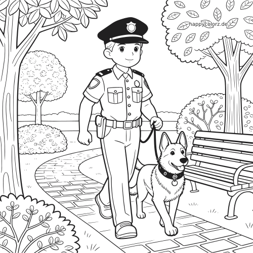 Ein Polizist geht mit einem Polizeihund auf einem Weg im Park, neben einer Bank und zwischen Bäumen.