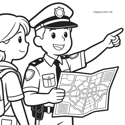 Nahaufnahme eines lächelnden Polizisten, der mit einem Stadtplan den Weg zeigt, neben einem Touristen mit Rucksack.