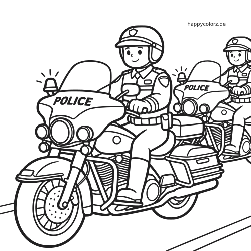 Ein Comic-Polizist fährt ein großes Polizeimotorrad mit Blaulicht und führt ein zweites Motorrad auf der Straße an.