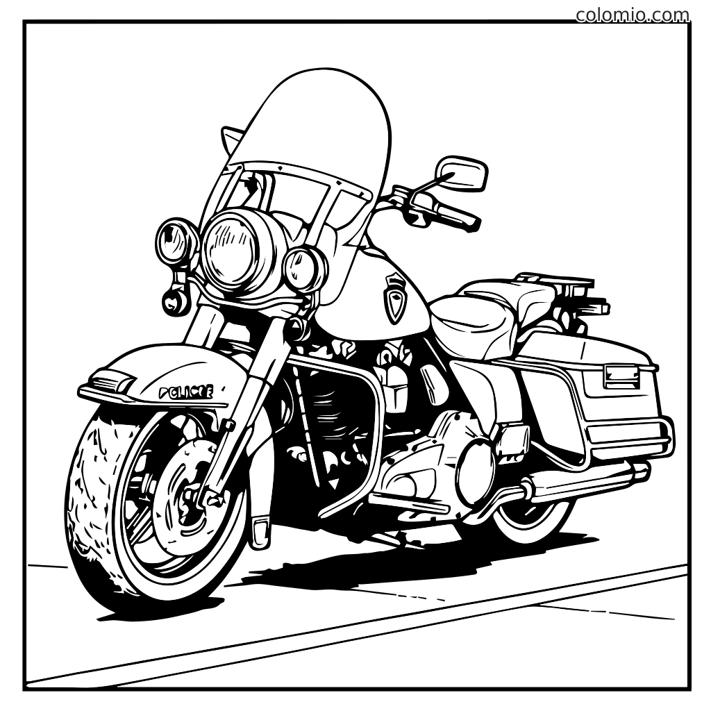 Eine detaillierte Zeichnung eines Polizei-Motorrads zum Ausmalen.