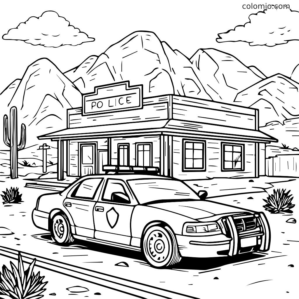Eine schwarz-weiße Malvorlage mit einer Polizeistation und einem Polizeiauto in einer Wüstenlandschaft mit Bergen.