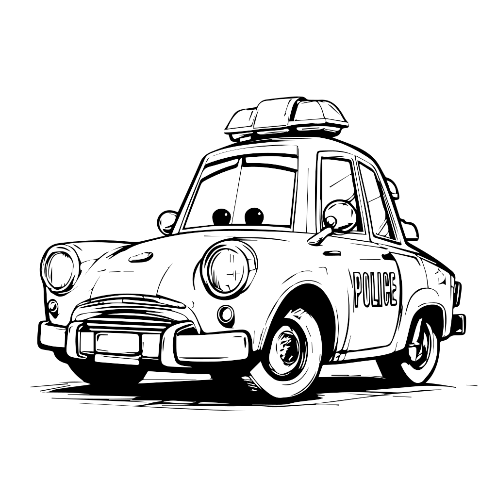 Ein Ausmalbild eines Polizeiautos im Cartoon-Stil mit einem freundlichen Design, großen Augen und einem Polizeischild.