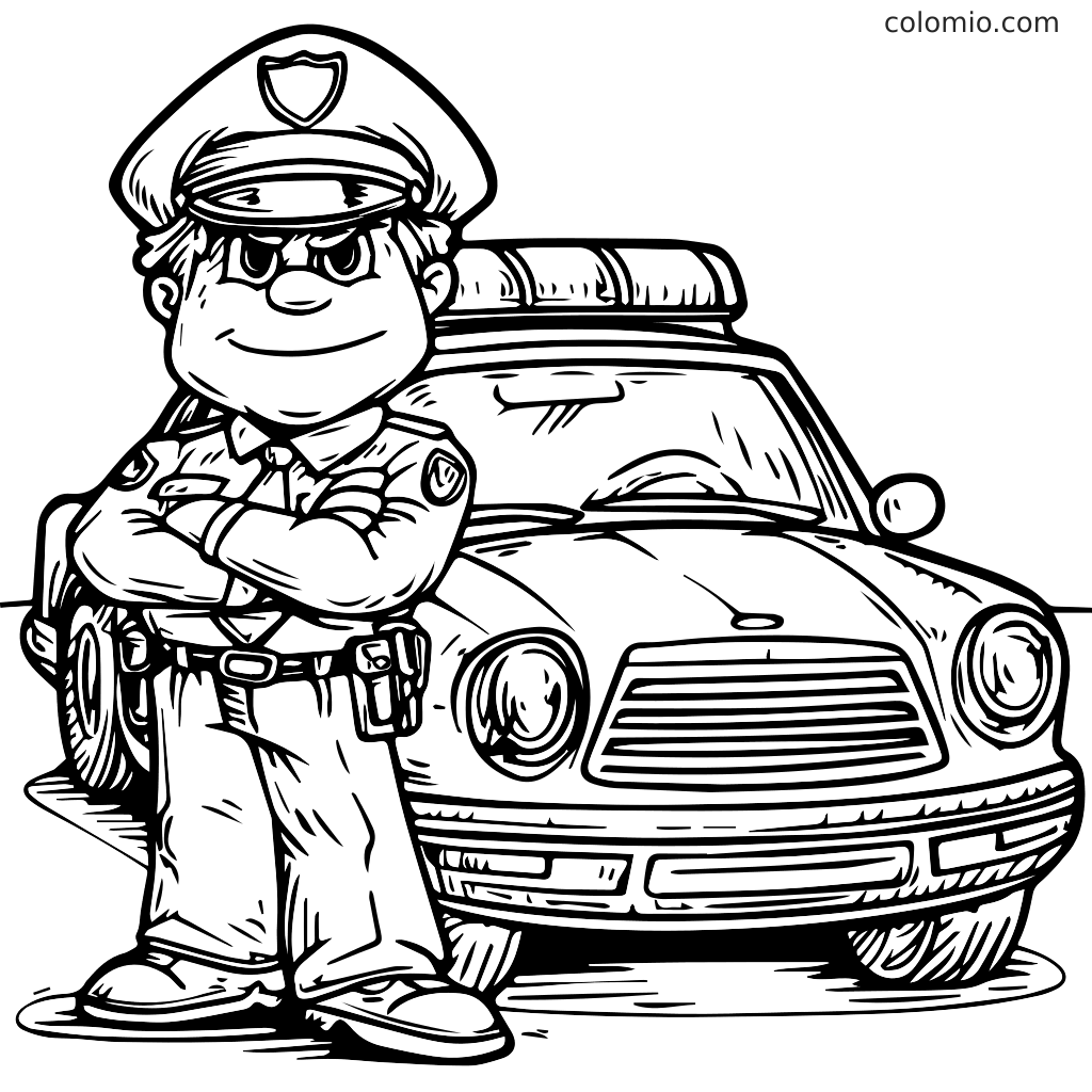 Ein Cartoon-Polizist steht selbstbewusst mit verschränkten Armen vor einem Polizeiauto, bereit zum Ausmalen.