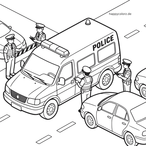 Schwarz-weißes Ausmalbild mit einem Polizei-Transporter, vier Polizisten bei einer Fahrzeugkontrolle und mehreren Autos auf der Straße.