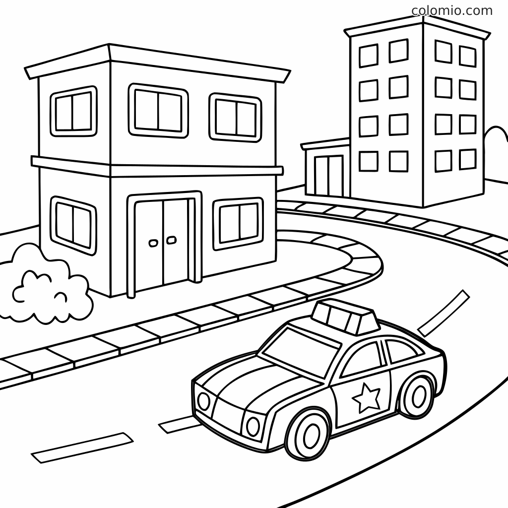 Ein Polizeiauto fährt auf einer geschwungenen Stadtstraße mit Gebäuden, Gehwegen und Fenstern in einer einfachen Strichzeichnung.
