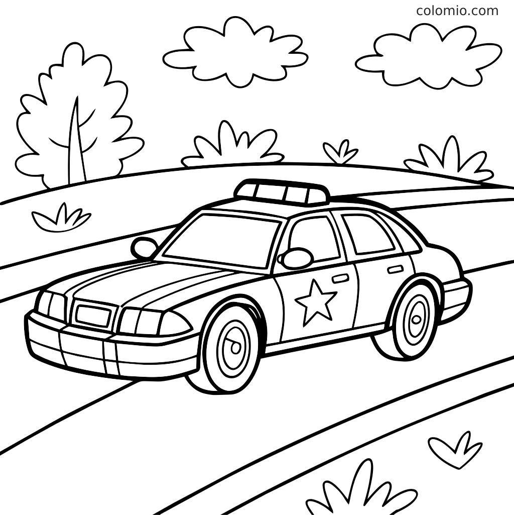 Ein Polizeiauto mit Dachlicht und Sternemblem fährt auf einer Straße, mit Bäumen, Büschen und Wolken im Hintergrund.