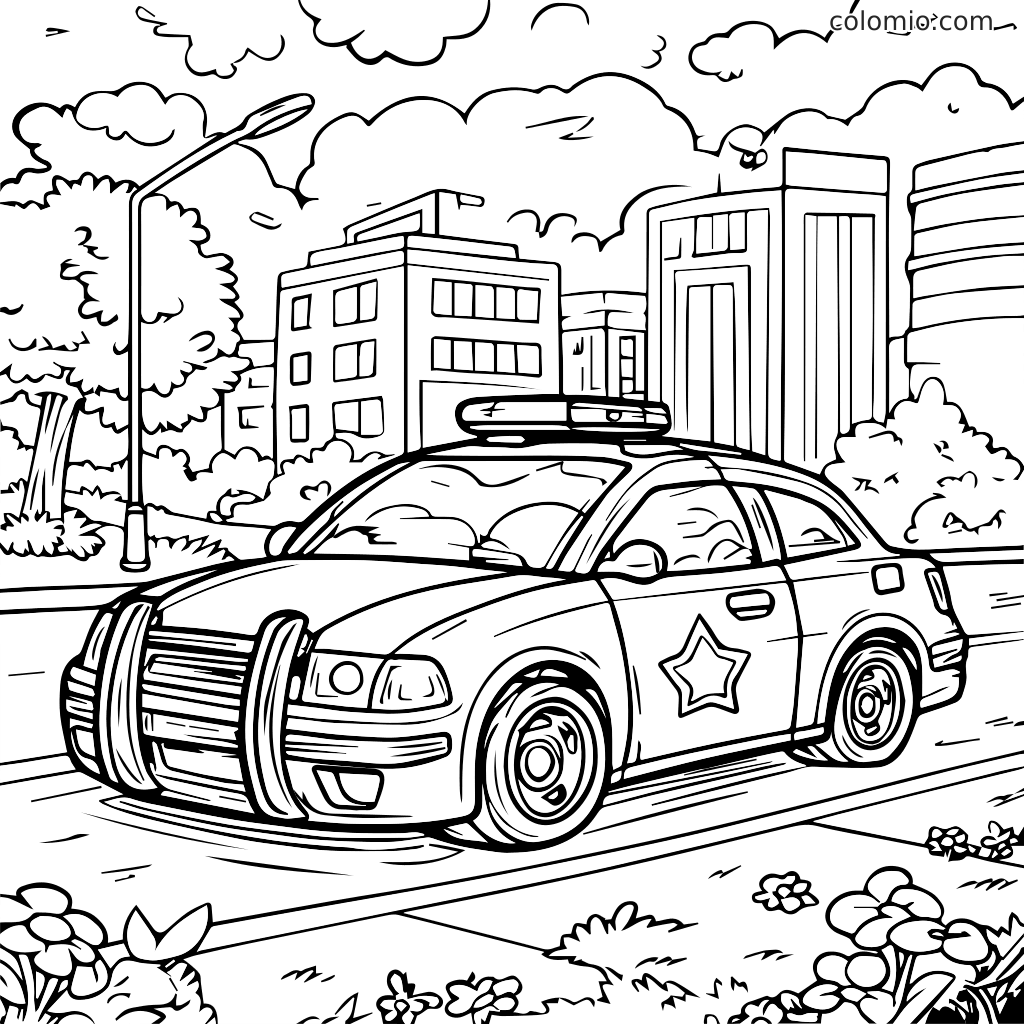 Eine Zeichnung eines Polizeiautos, das eine Straße entlangfährt, mit Gebäuden und Bäumen im Hintergrund.