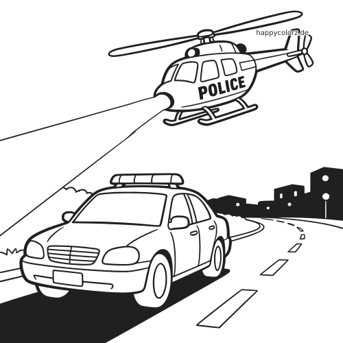 Einfache Strichzeichnung eines Polizeihubschraubers mit Suchscheinwerfer über einem Polizeiauto auf einer Straße in der Stadt bei Nacht.