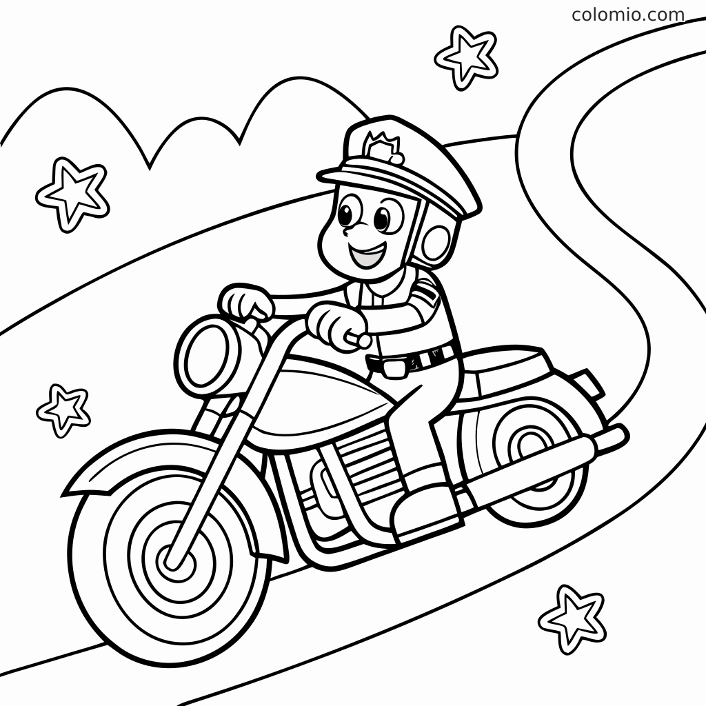 Ein Polizist mit Mütze fährt auf einer kurvigen Straße Motorrad, mit Sternen und Hügeln im Hintergrund.