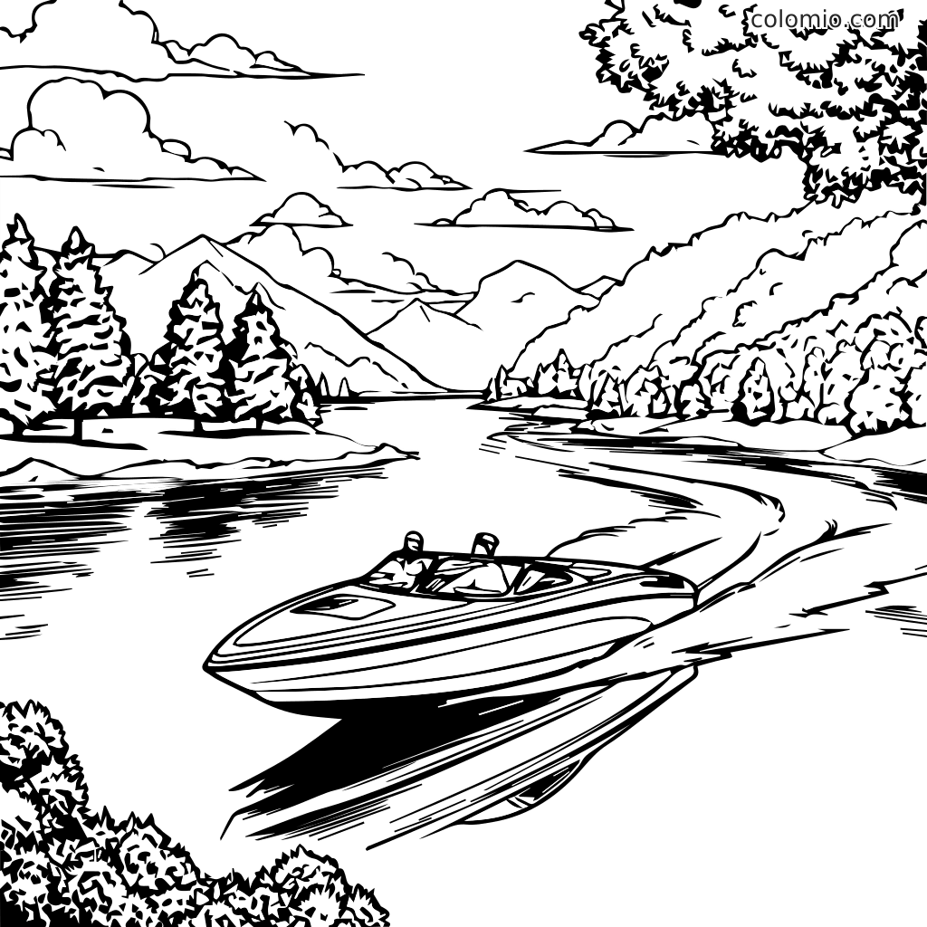 Ausmalbild mit einem Boot, das über einen See mit Bergen und Bäumen fährt.