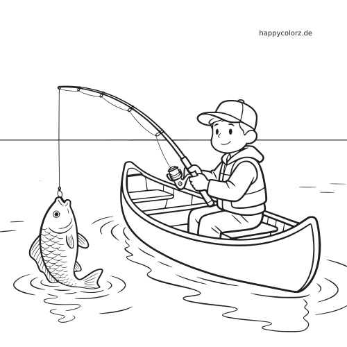 Ein Junge im Cartoon-Stil sitzt in einem Kanu und zieht mit der Angel einen großen Fisch aus dem ruhigen See.