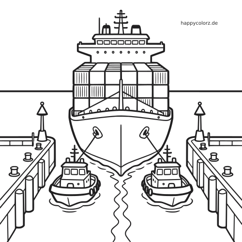 Schwarz-weiße Vorderansicht eines Containerschiffs, das zwischen Hafenkais von zwei Schleppern begleitet wird.