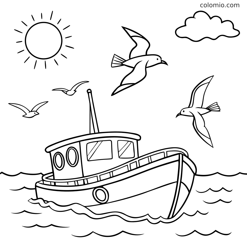 Ein Fischerboot schwimmt auf Meereswellen, darüber fliegen mehrere Möwen. Am Himmel sind außerdem eine Sonne und eine Wolke zu sehen.