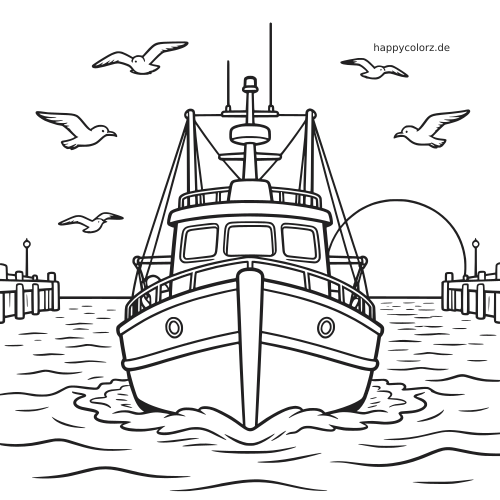 Ein Fischerboot ist von vorn auf dem Wasser zu sehen, fährt bei Sonnenaufgang zwischen Anlegern hindurch, Möwen fliegen darüber.