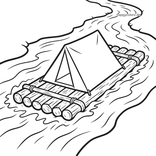 Schwarz-weiße Linienzeichnung eines Holzfloßes mit Zelt, das aus der Vogelperspektive auf einem gewundenen wilden Fluss treibt.
