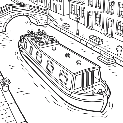 Ein Hausboot mit Dachgarten fährt durch einen Kanal an einer Brücke und Häusern vorbei, in schräger Ansicht gezeichnet.