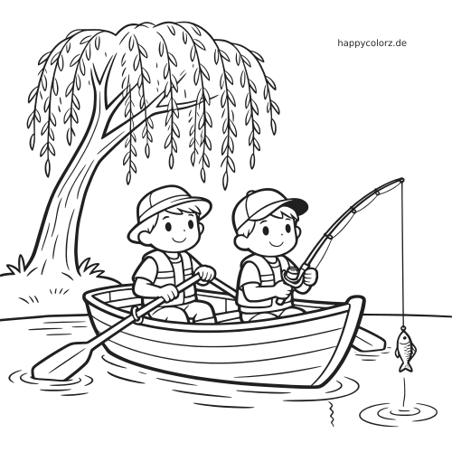 Zwei Kinder sitzen in einem Ruderboot auf dem Wasser und angeln unter einer Weide in einer einfachen Cartoon-Zeichnung.