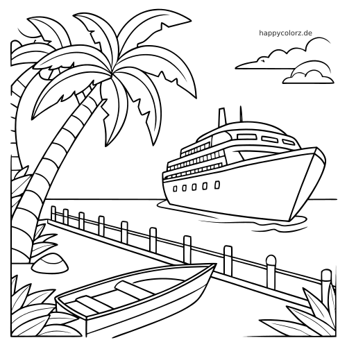 Ein einfaches Kreuzfahrtschiff fährt nahe einem tropischen Hafen mit großer Palme, Steg, kleinem Ruderboot und ruhigem Meer.