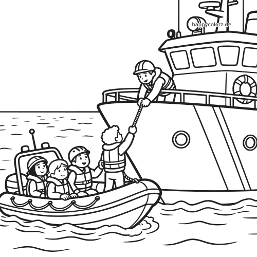 Schwarz-weißes Ausmalbild einer Küstenwache, die Menschen aus einem kleinen Rettungsboot neben einem Rettungsschiff an Bord holt.