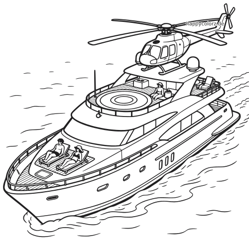 Schwarz-weiße Linienzeichnung einer Luxusyacht auf dem Meer mit Hubschrauberlandeplatz, Hubschrauber und mehreren Personen an Deck.
